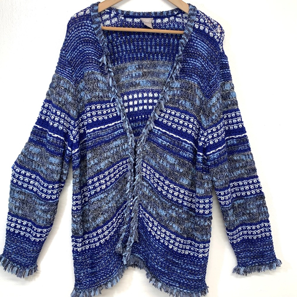 Chicos  Blue Textured Fringe Cardigan Sweater Drape Womens Size 4 US XXL Boho